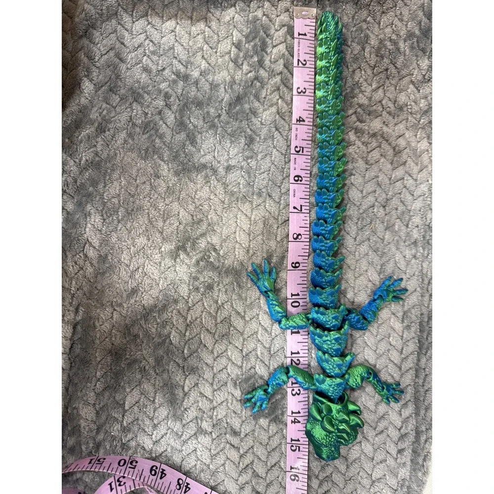 Articulated‎ 3D Printed Dragon Lizard Fidget Toy Blue Green Silk 15.5 Inch